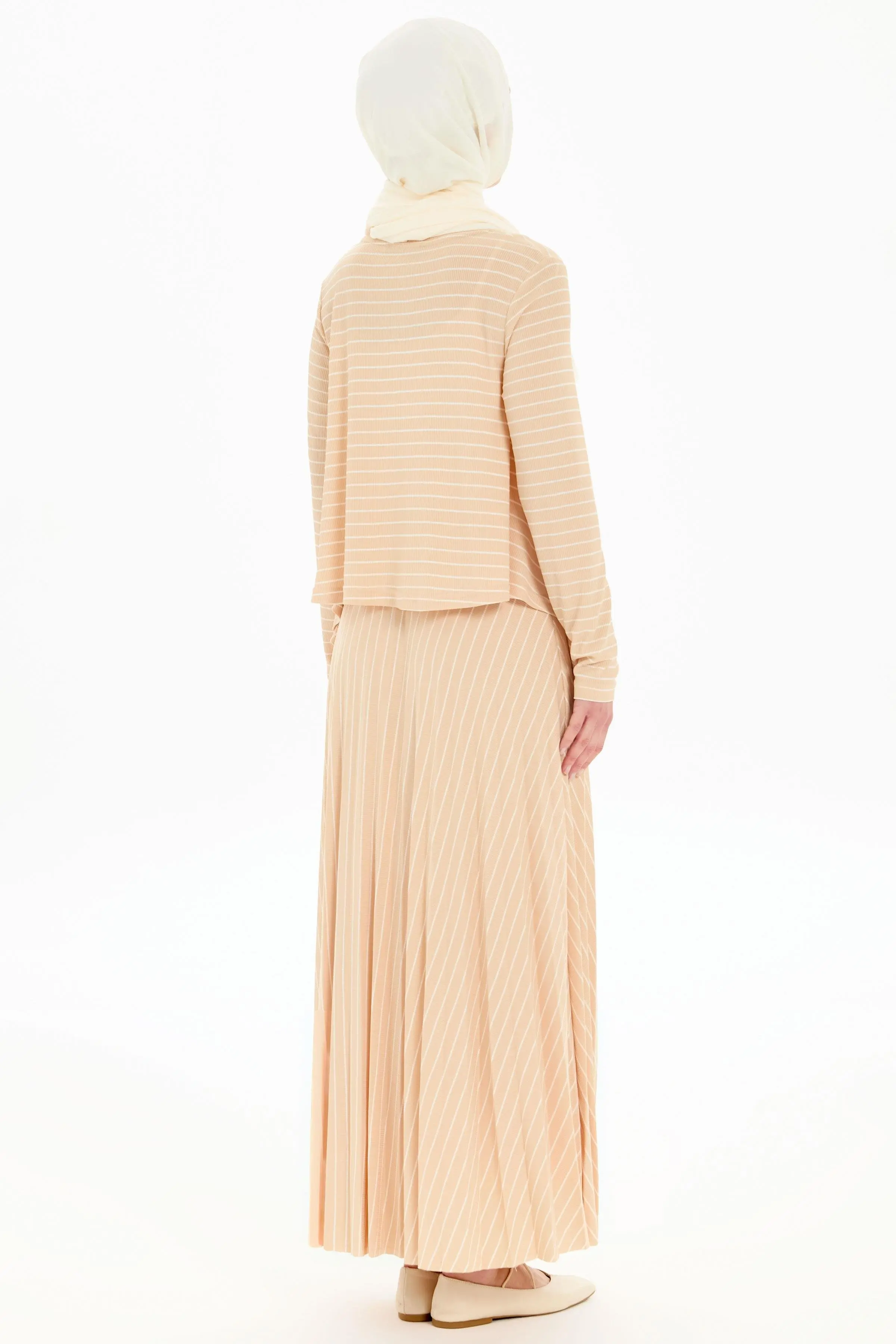 Asimetrik Kesim Bluz Plisoley Etekli Çizgili Takım - Bej - Image 4