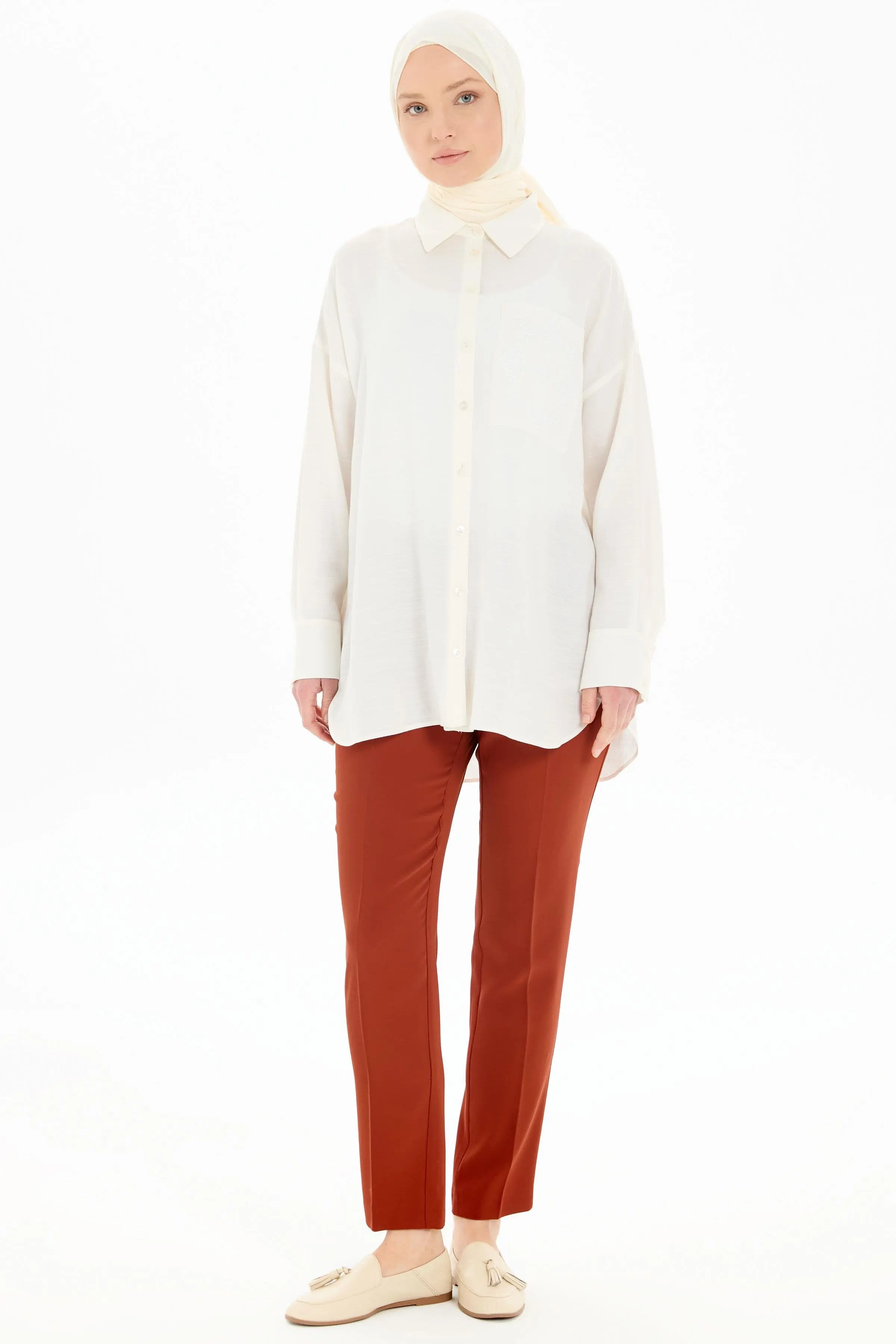 Bel Lastikli Dar Paça Pantolon - Kiremit - Image 3