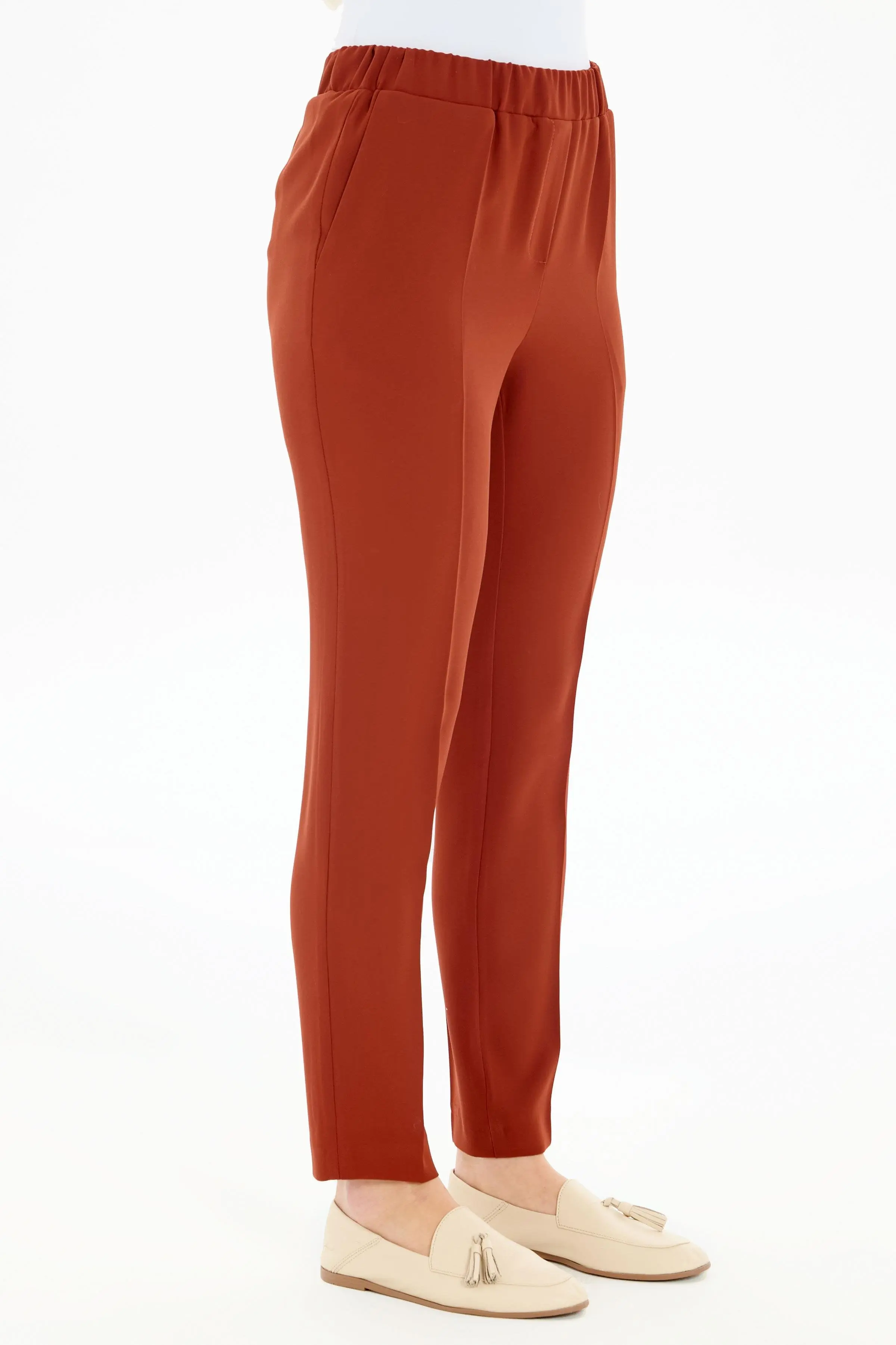 Bel Lastikli Dar Paça Pantolon - Kiremit - Image 5