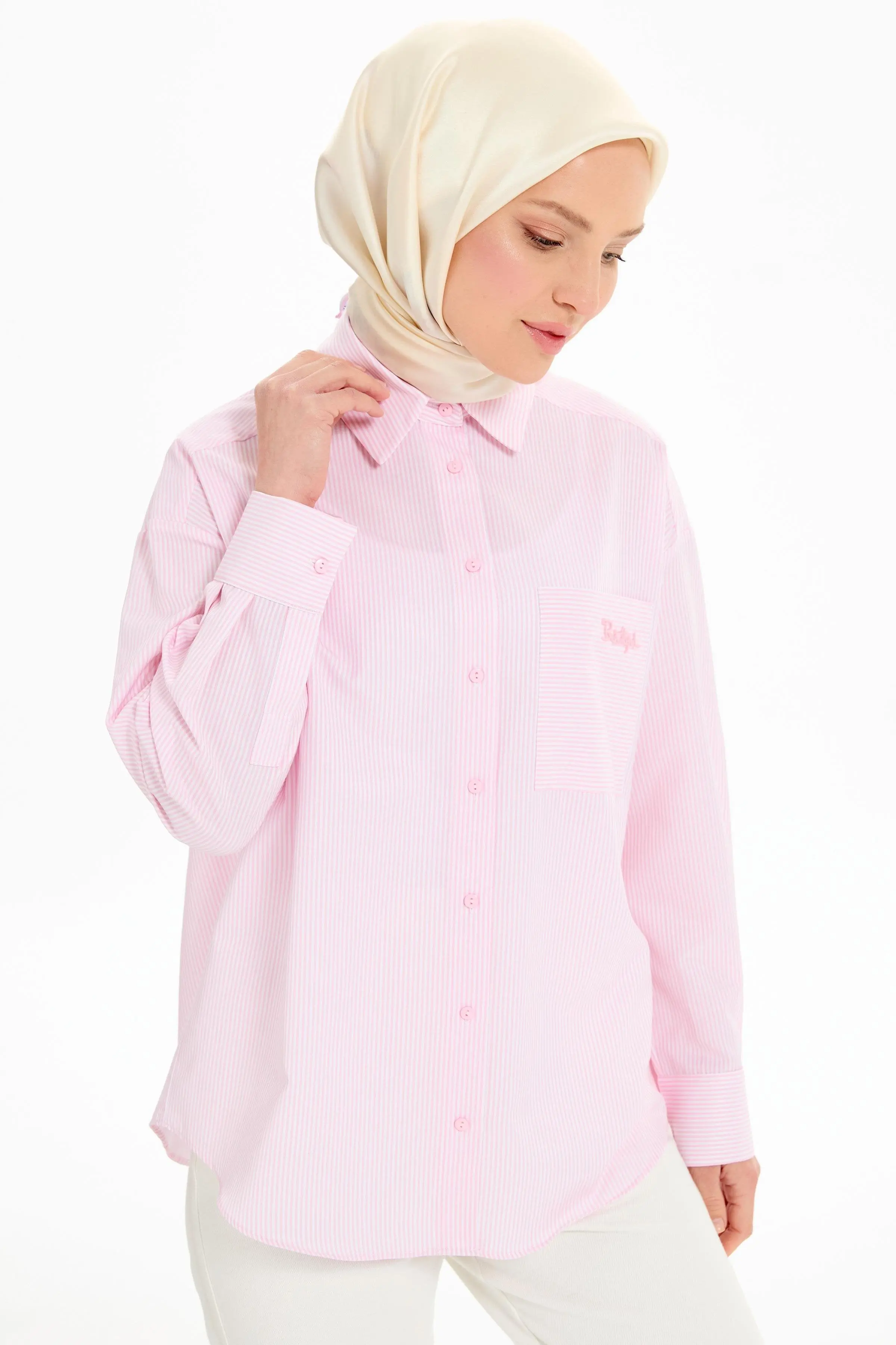 Cep Detaylı Çizgili Gömlek - Pembe - Image 3