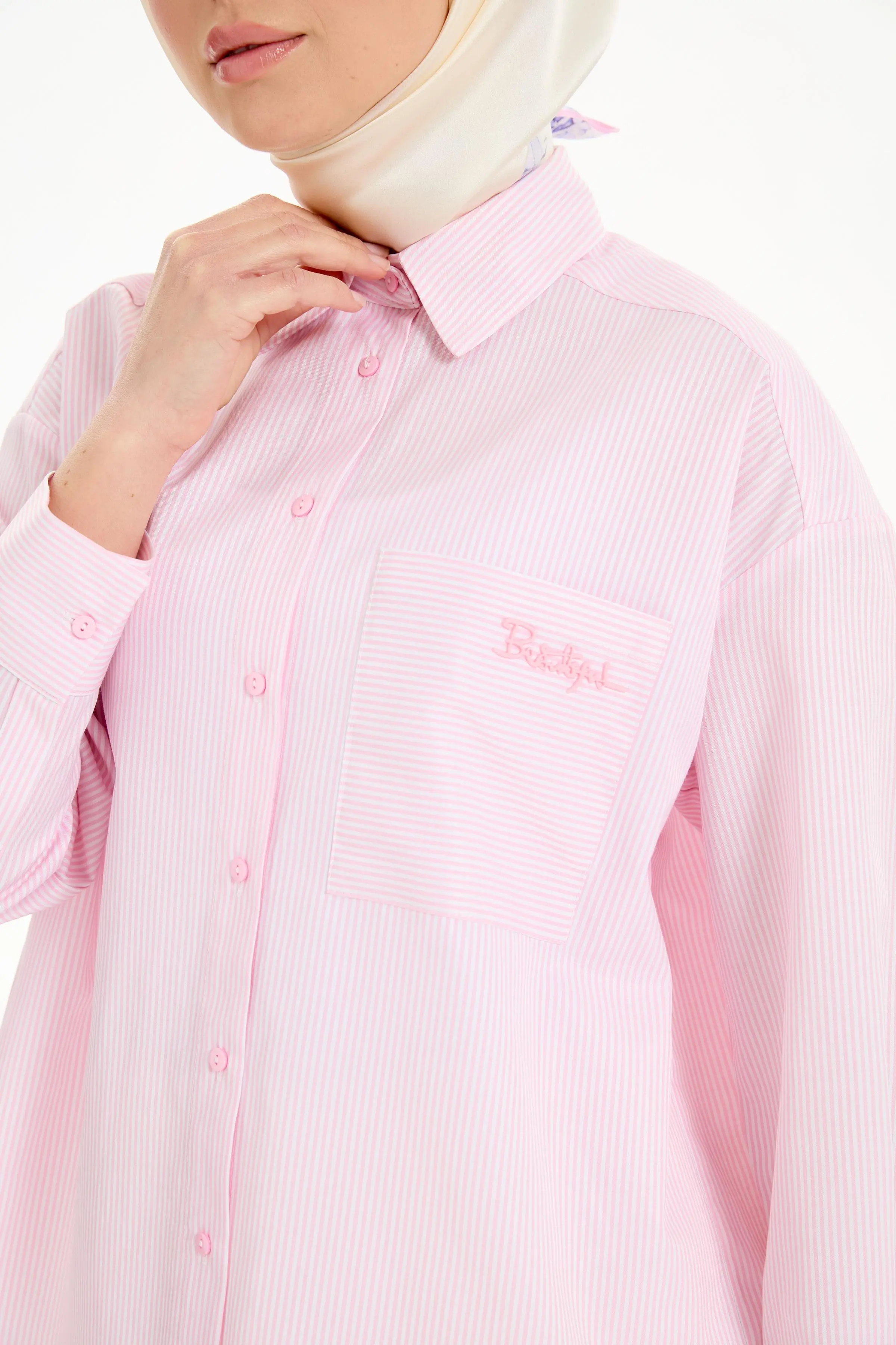 Cep Detaylı Çizgili Gömlek - Pembe - Image 4