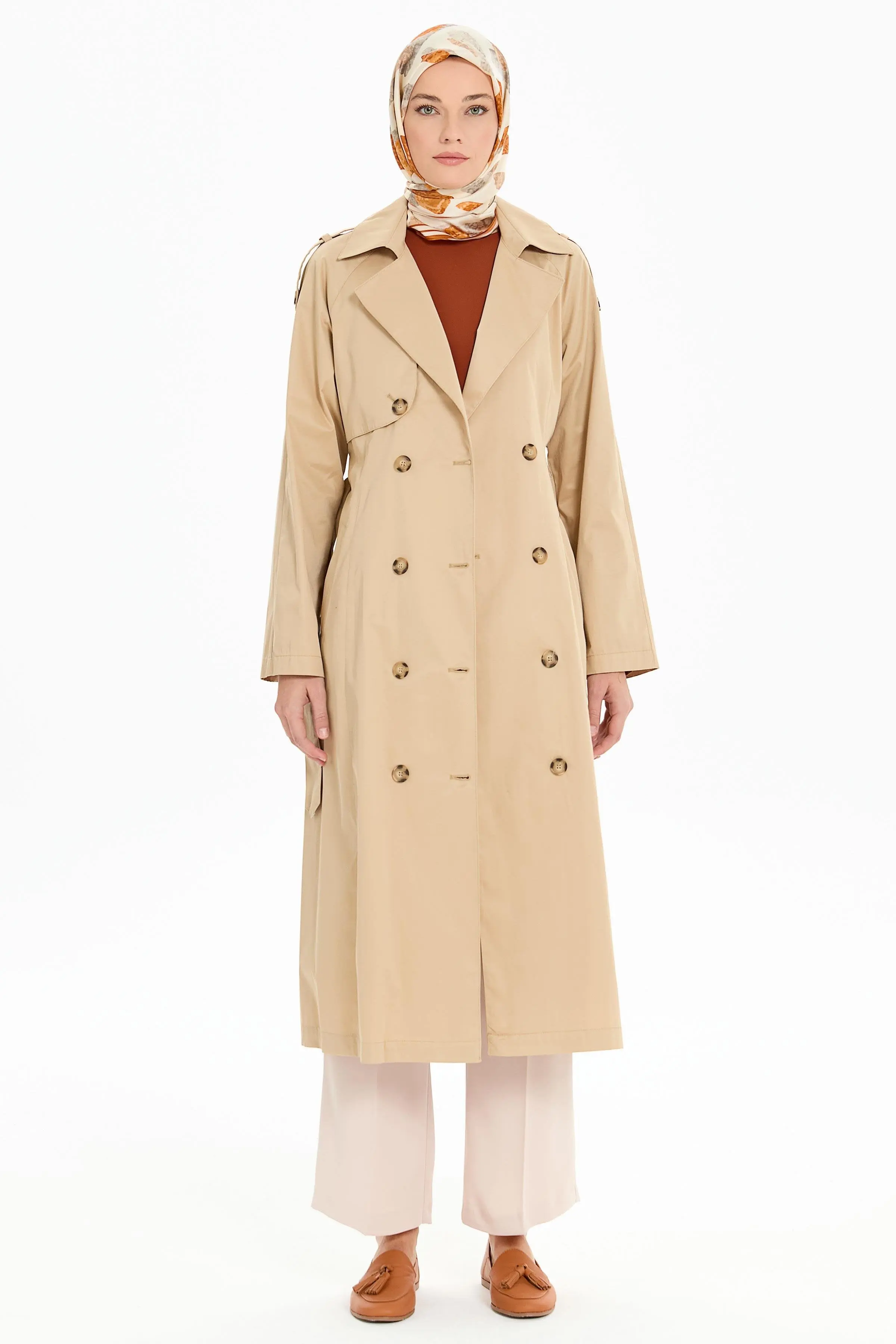 Kemerli Apoletli Trençkot - Bej - Image 3