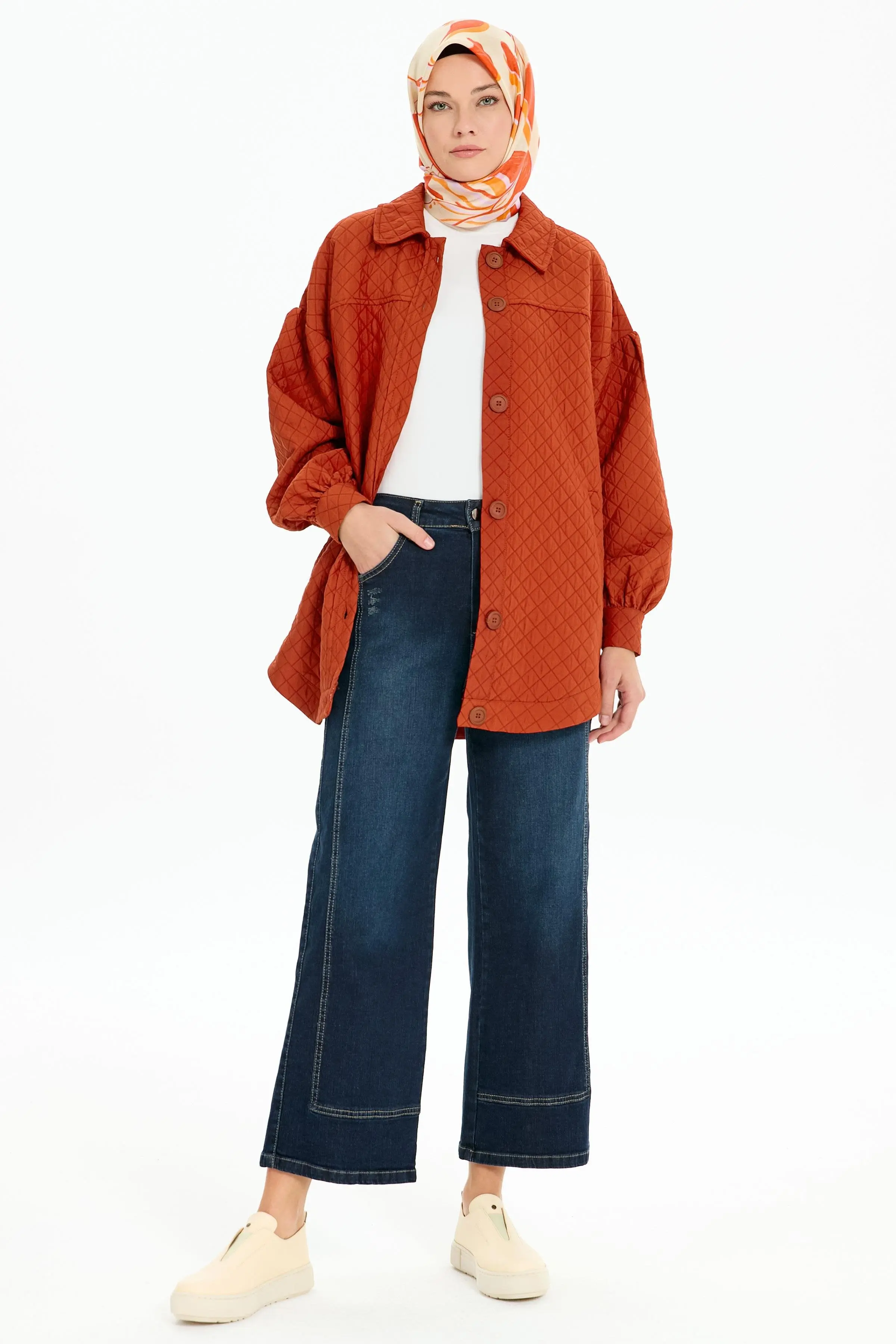 Robalı Kapitone Ceket - Kiremit - Image 3