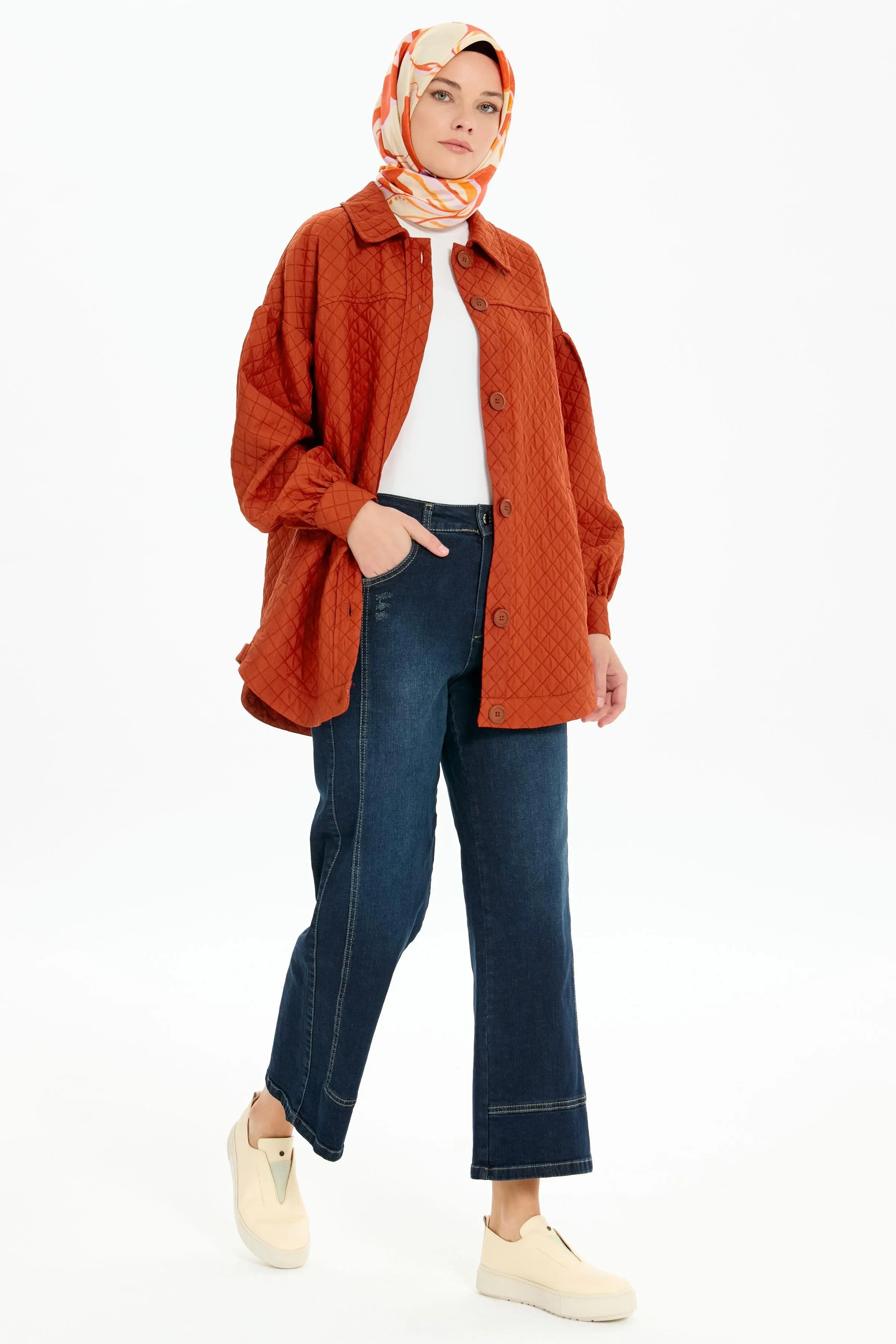 Robalı Kapitone Ceket - Kiremit - Image 4